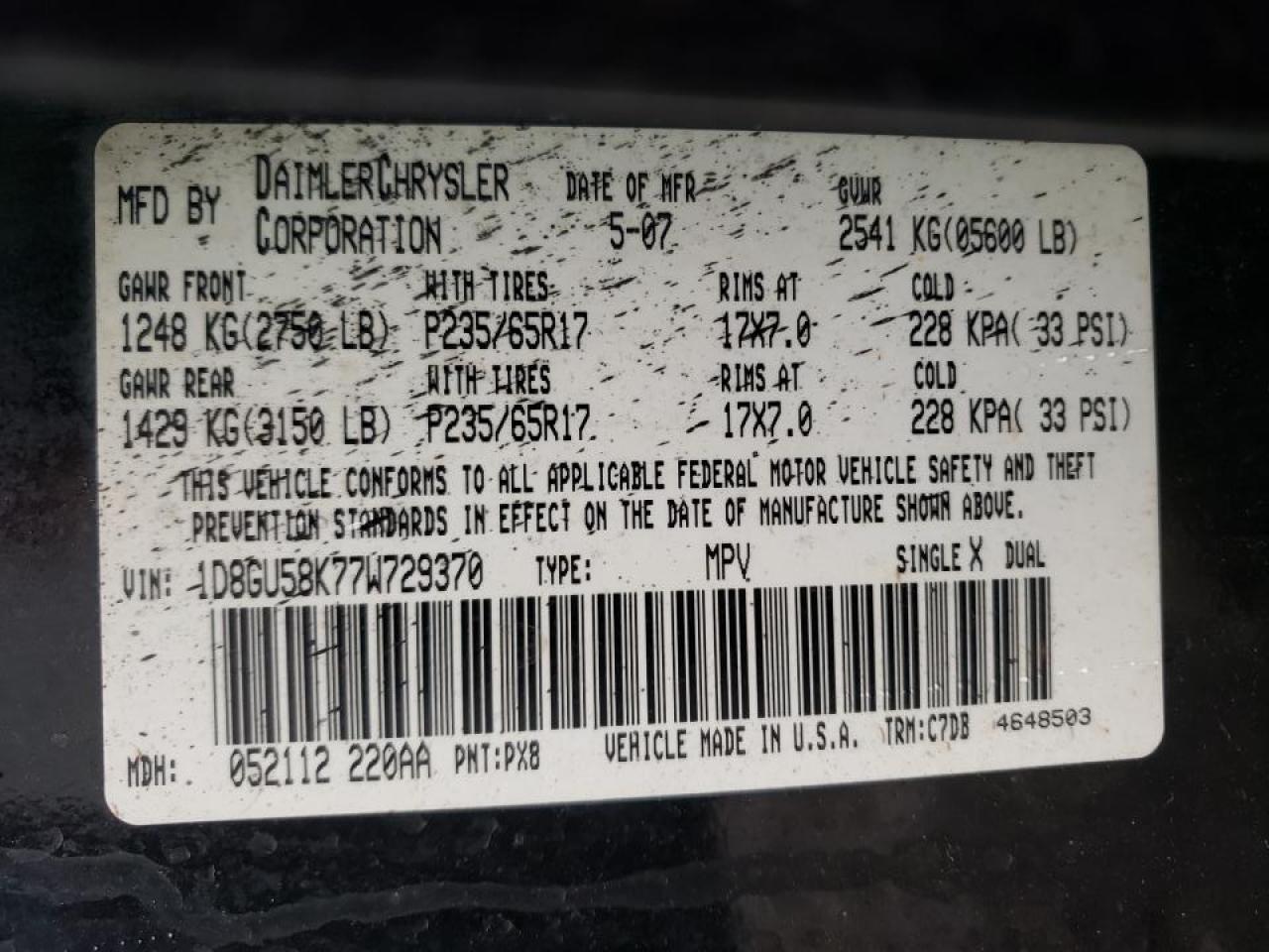 Photo 10 from auction – 2007 DODGE NITRO SLT with VIN 1D8GU58K77W729370