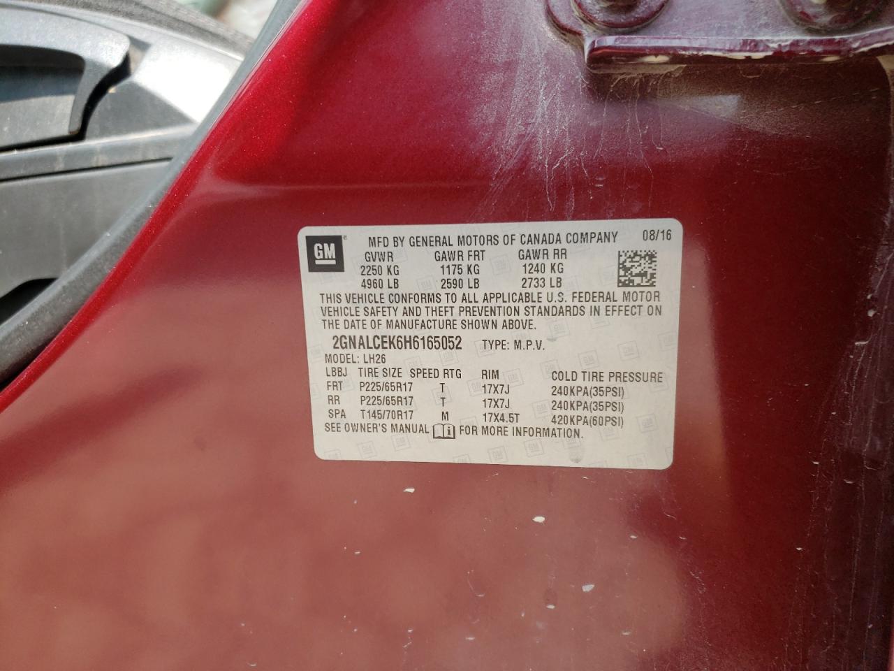 Photo 10 from auction – 2017 CHEVROLET EQUINOX LT with VIN 2GNALCEK6H6165052