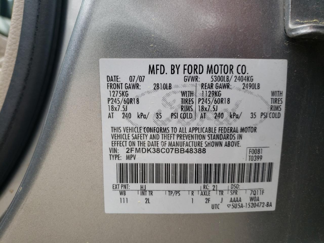 Photo 10 from auction – 2007 FORD EDGE SEL with VIN 2FMDK38C07BB48388