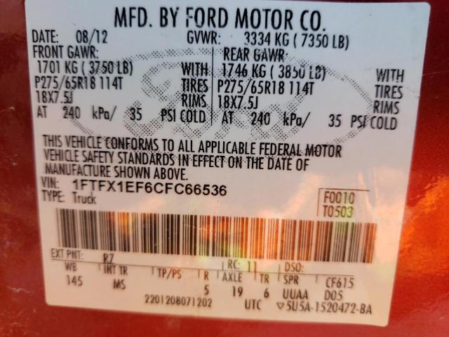 Photo 10 from auction – 2012 FORD F150 SUPER with VIN 1FTFX1EF6CFC66536