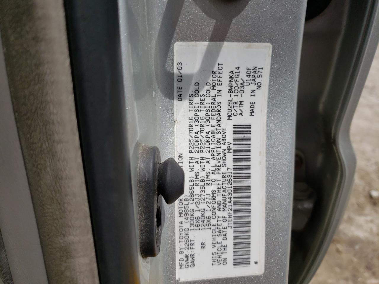 Photo 11 from auction – 2003 TOYOTA HIGHLANDER with VIN JTEHF21A430126317