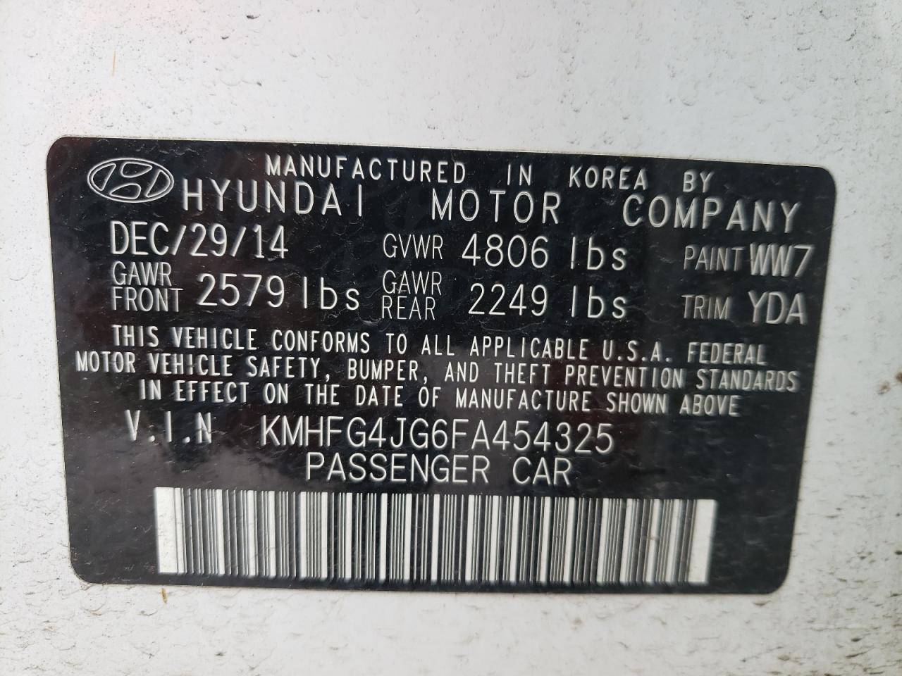 Photo 10 from auction – 2015 HYUNDAI AZERA with VIN KMHFG4JG6FA454325