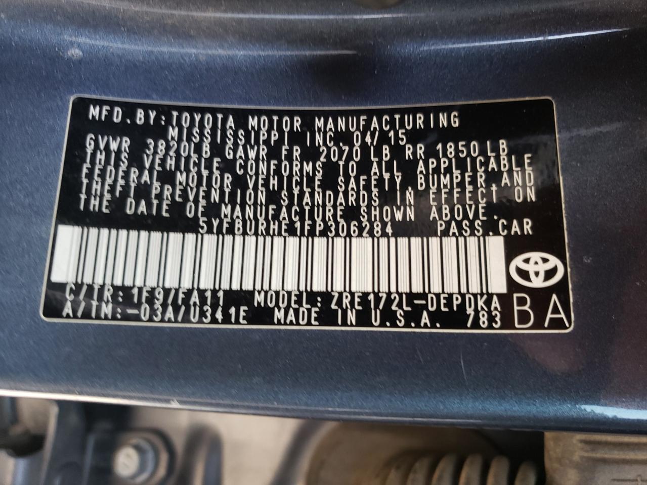 Photo 10 from auction – 2015 TOYOTA COROLLA L with VIN 5YFBURHE1FP306284
