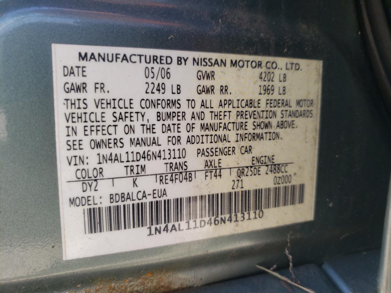 Photo 10 from auction – 2006 NISSAN ALTIMA S with VIN 1N4AL11D46N413110