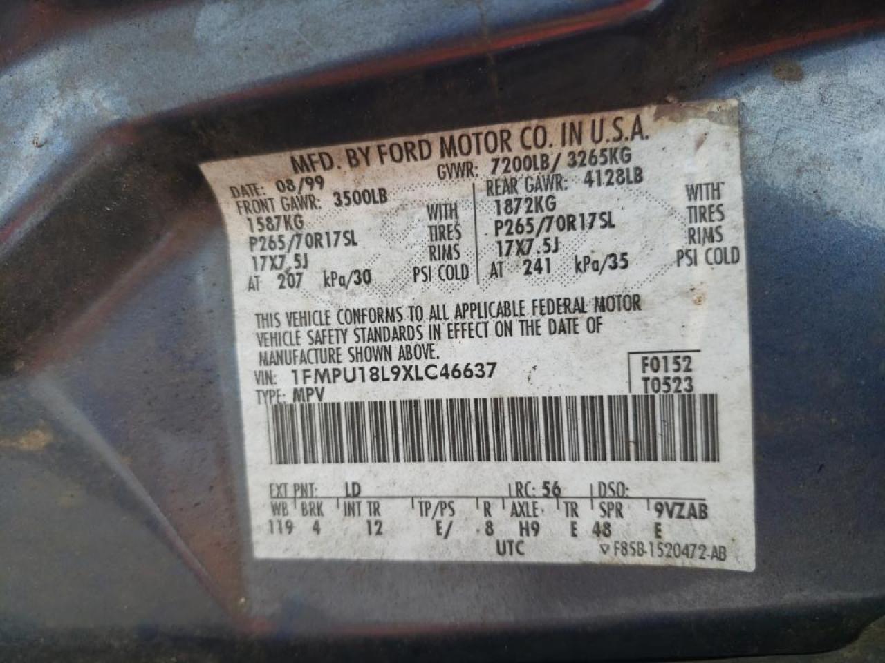 Photo 10 from auction – 1999 FORD EXPEDITION with VIN 1FMPU18L9XLC46637