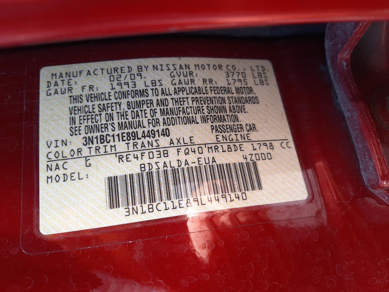 Photo 10 from auction – 2009 NISSAN VERSA S with VIN 3N1BC11E89L449140