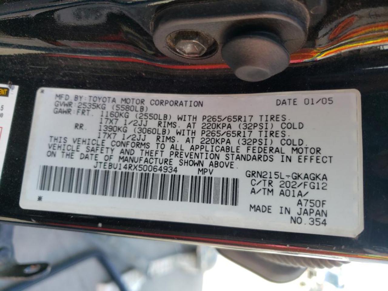 Foto 10 de la subasta – 2005 TOYOTA 4RUNNER SR con VIN JTEBU14RX50064934