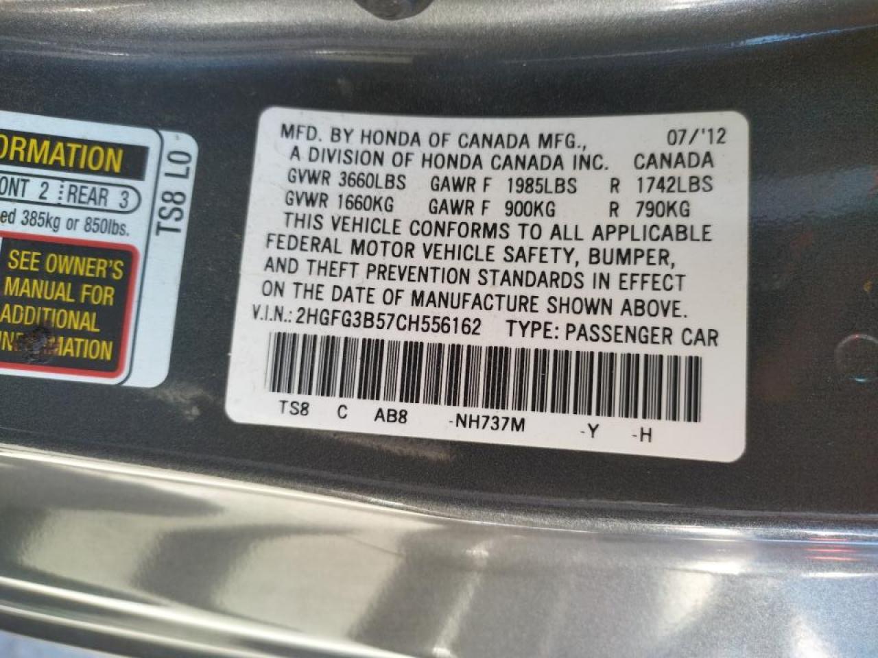 Photo 10 from auction – 2012 HONDA CIVIC LX with VIN 2HGFG3B57CH556162