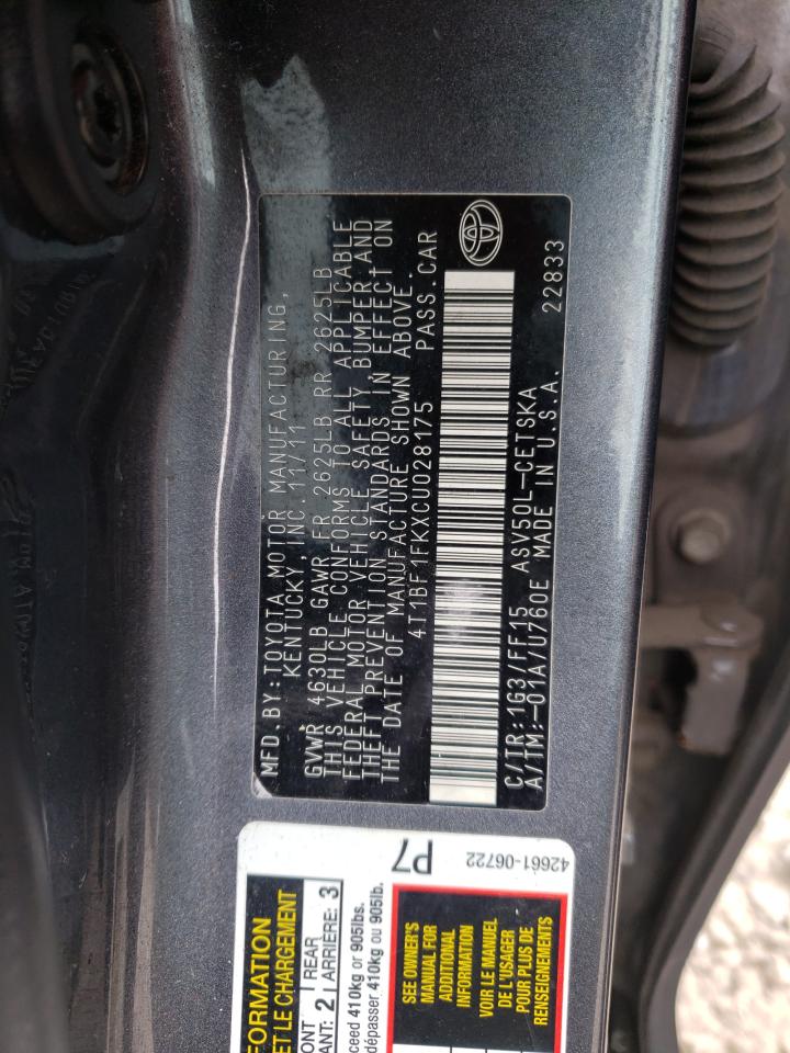 Photo 10 from auction – 2012 TOYOTA CAMRY BASE with VIN 4T1BF1FKXCU028175