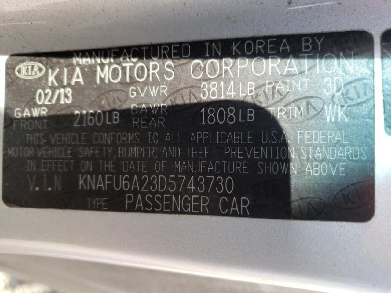 Photo 10 from auction – 2013 KIA FORTE EX with VIN KNAFU6A23D5743730