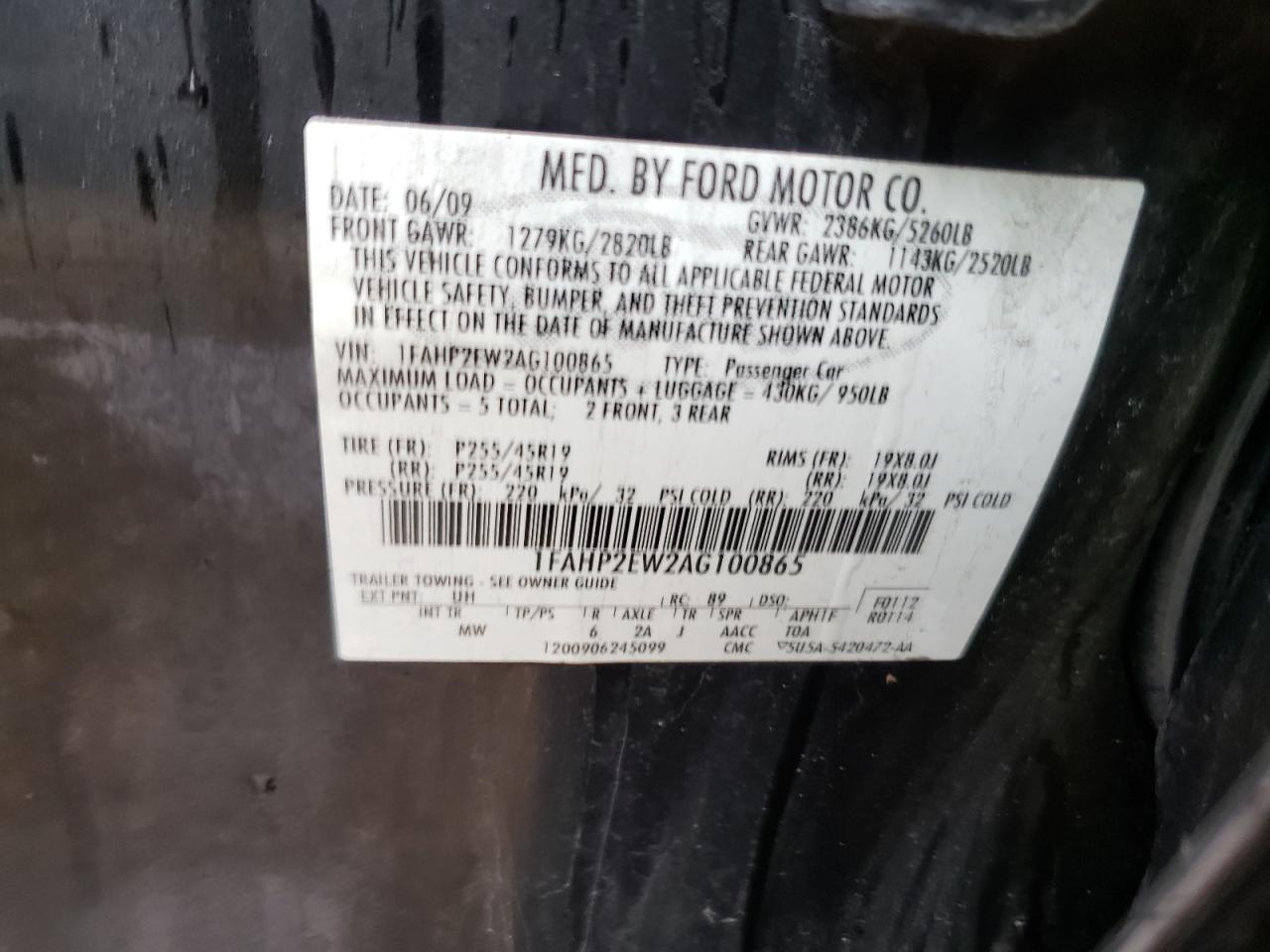 Photo 10 from auction – 2010 FORD TAURUS SEL with VIN 1FAHP2EW2AG100865