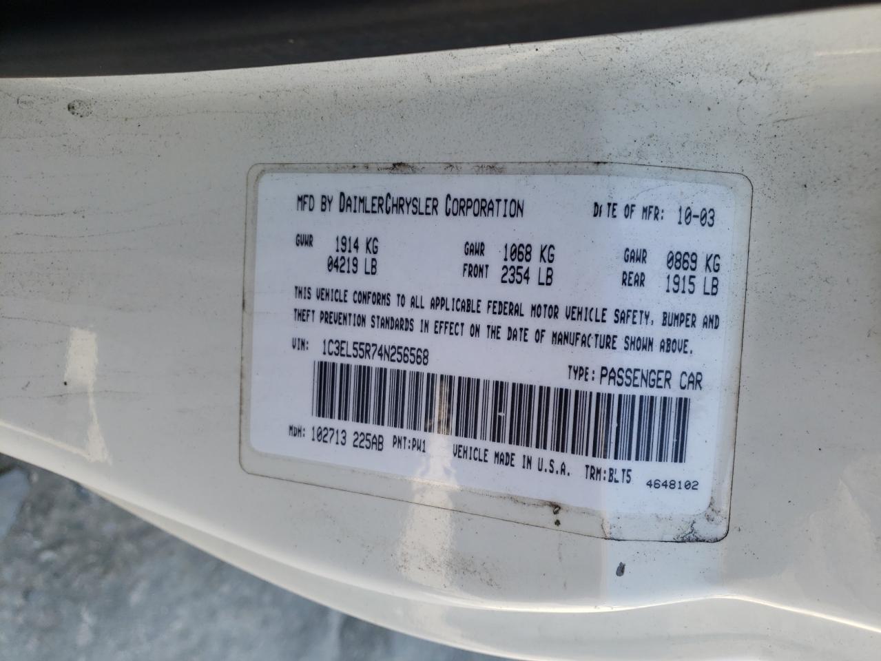 Photo 10 from auction – 2004 CHRYSLER SEBRING LX with VIN 1C3EL55R74N256568