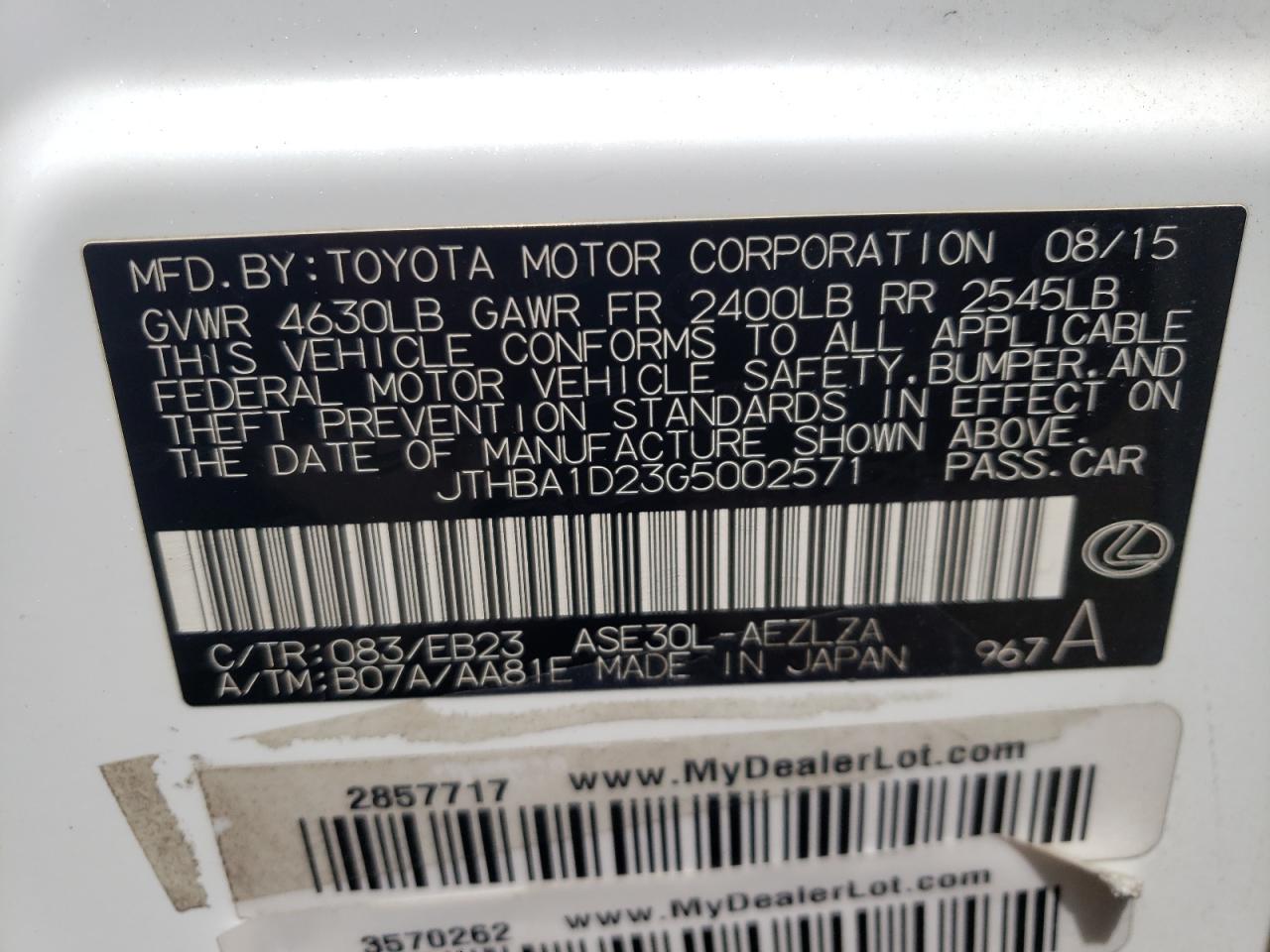 Photo 10 from auction – 2016 LEXUS IS 200T with VIN JTHBA1D23G5002571