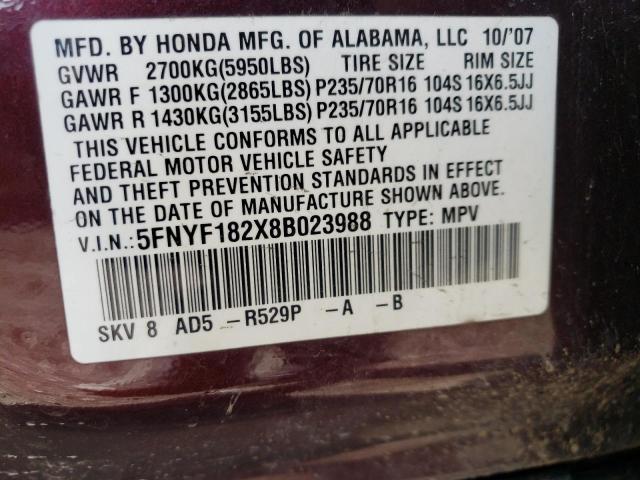 HONDA PILOT VP 2008 with VIN 5FNYF182X8B023988 - Photo from auction