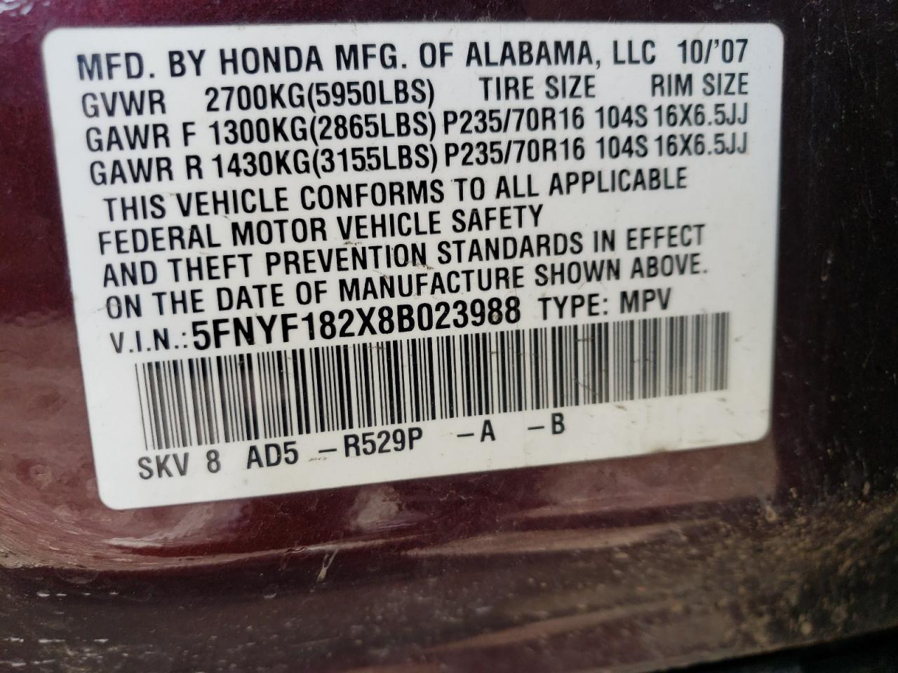 Photo 11 from auction – 2008 HONDA PILOT VP with VIN 5FNYF182X8B023988