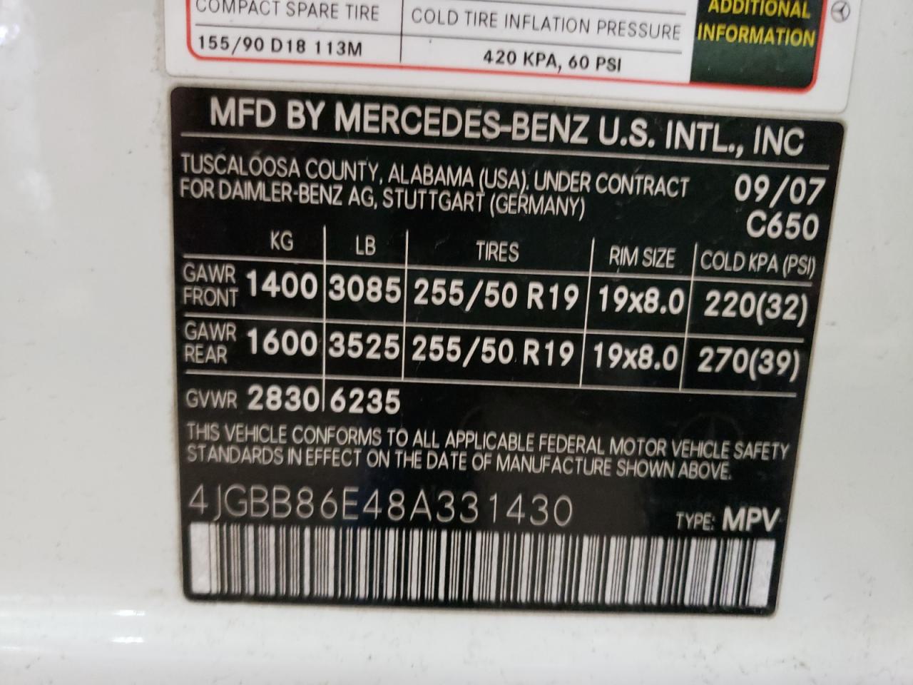 Photo 10 from auction – 2008 MERCEDES-BENZ ML 350 with VIN 4JGBB86E48A331430