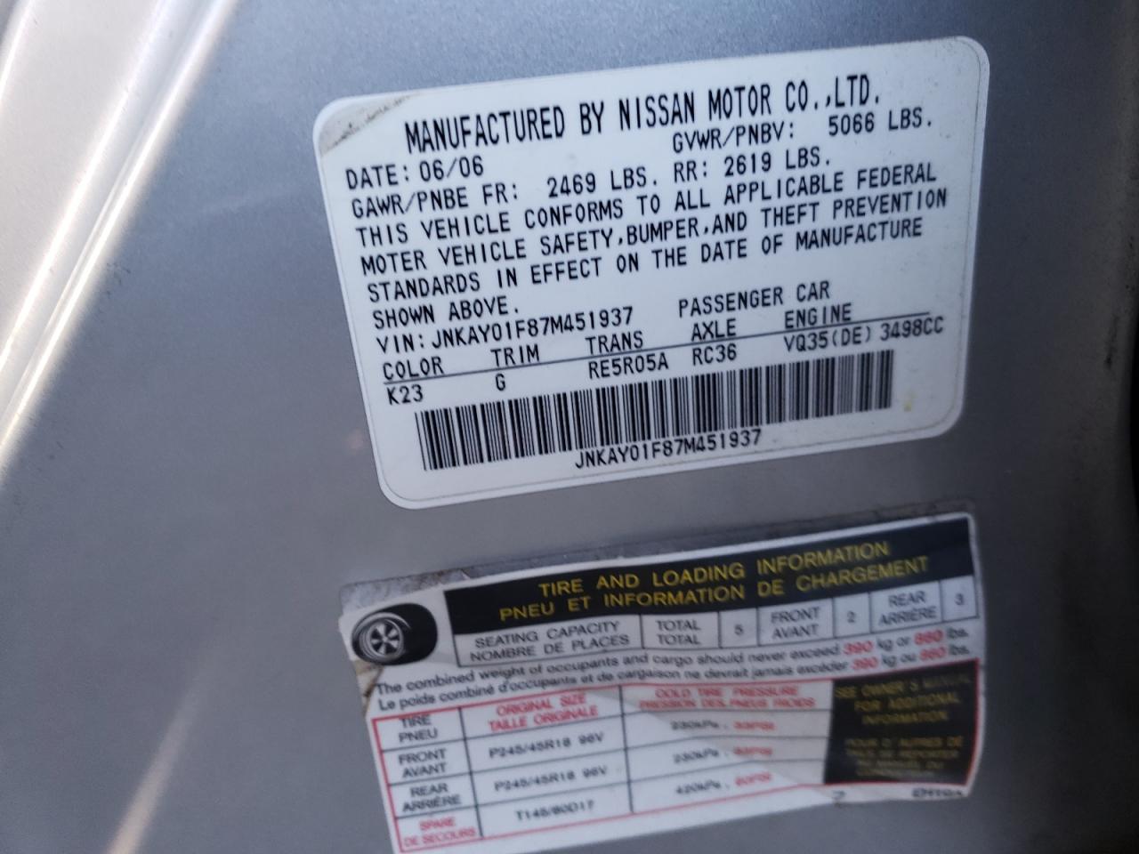 Photo 10 from auction – 2007 INFINITI M35 BASE with VIN JNKAY01F87M451937