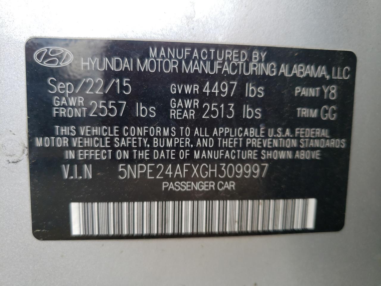 Photo 10 from auction – 2016 HYUNDAI SONATA SE with VIN 5NPE24AFXGH309997
