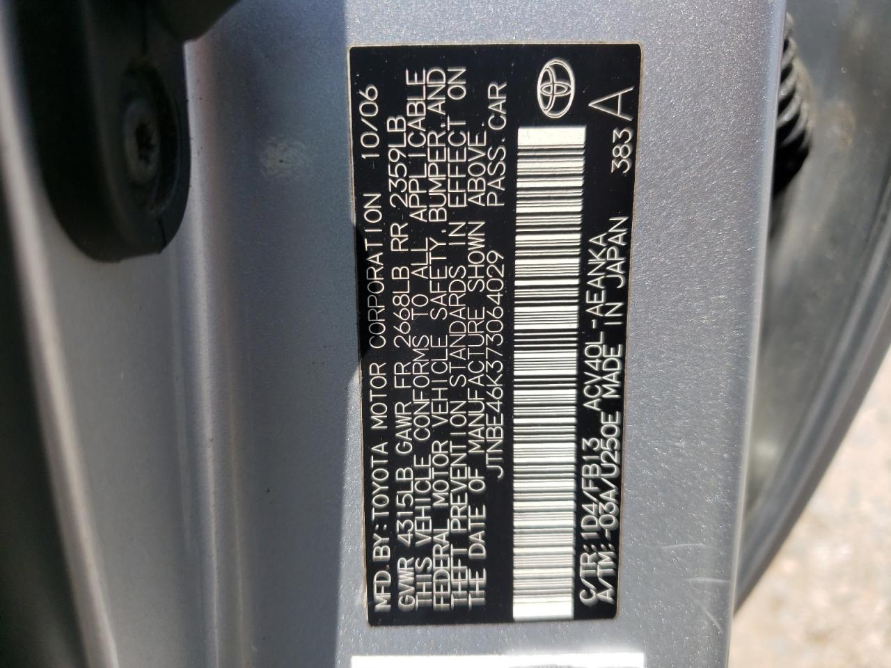 Photo 10 from auction – 2007 TOYOTA CAMRY CE with VIN JTNBE46K373064029