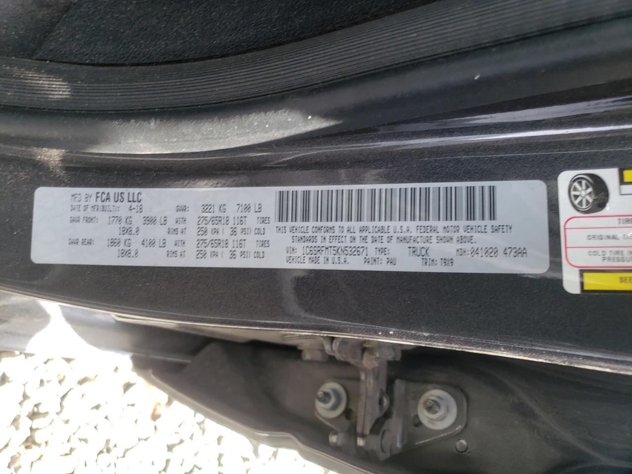 Photo 10 from auction – 2019 RAM 1500 BIG H with VIN 1C6SRFMT5KN532671