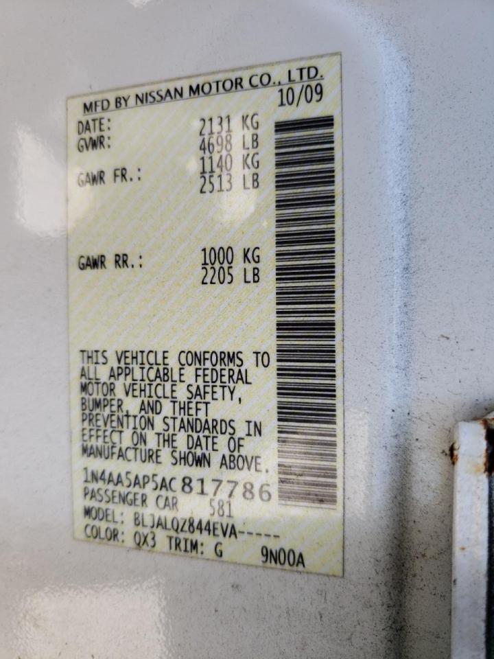 Photo 10 from auction – 2010 NISSAN MAXIMA S with VIN 1N4AA5AP5AC817786