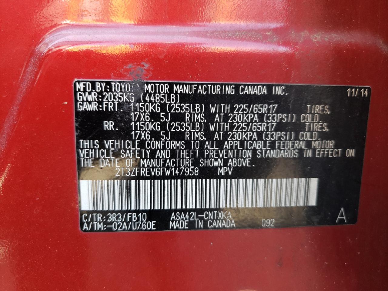 Photo 10 from auction – 2015 TOYOTA RAV4 LE with VIN 2T3ZFREV6FW147958