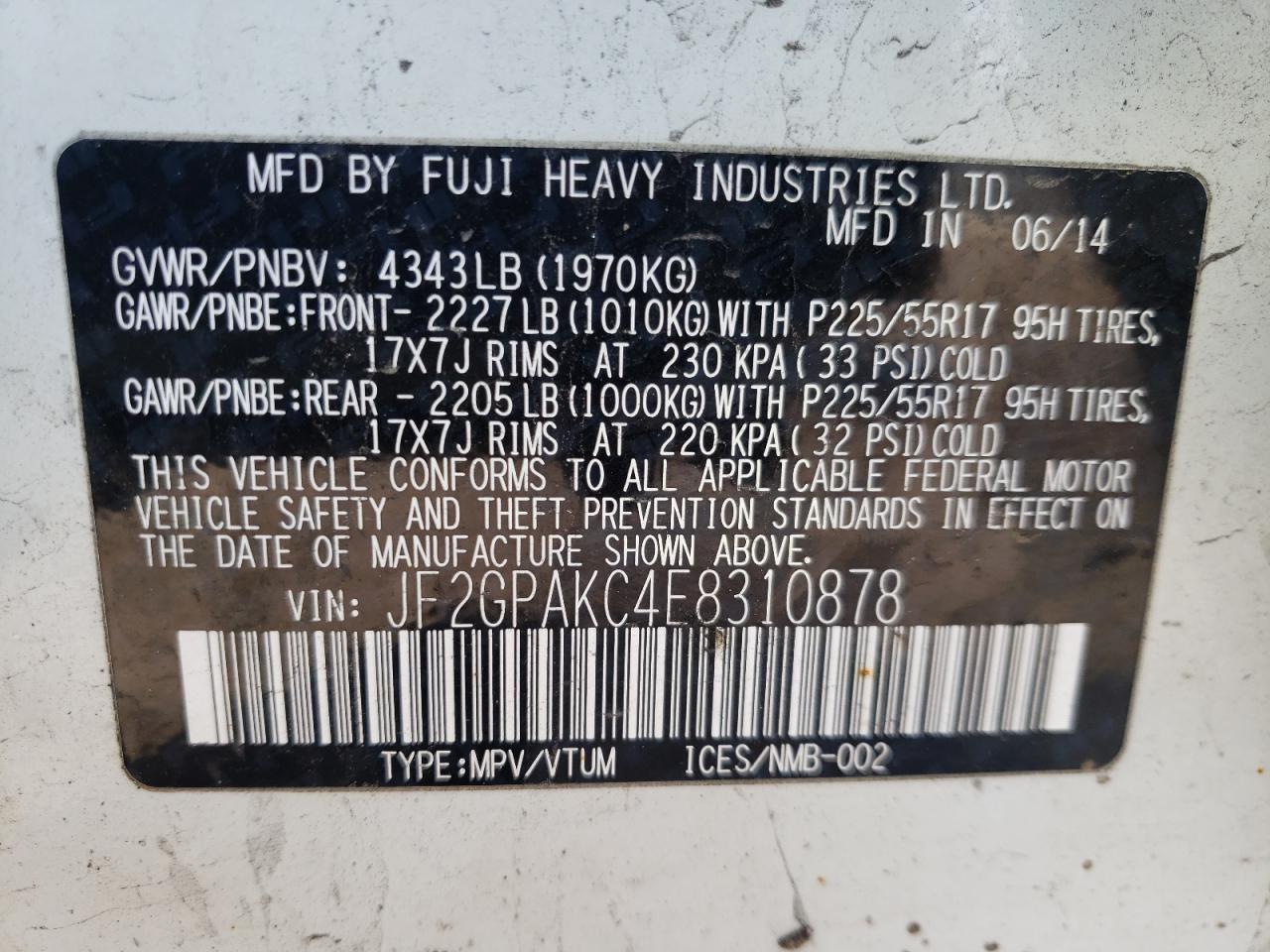 Photo 10 from auction – 2014 SUBARU XV CROSSTR with VIN JF2GPAKC4E8310878