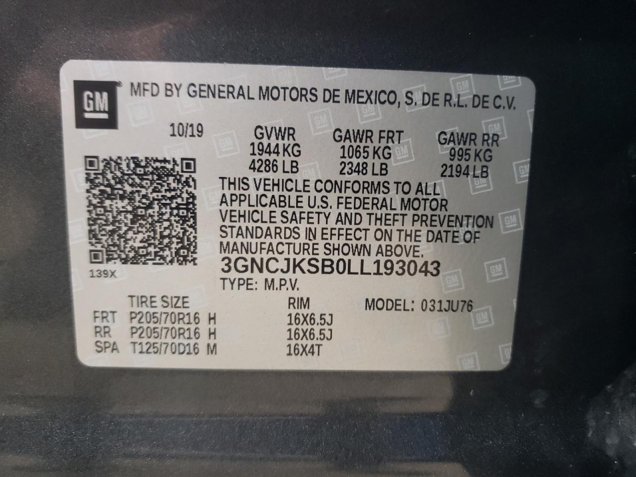 Photo 10 from auction – 2020 CHEVROLET TRAX LS with VIN 3GNCJKSB0LL193043