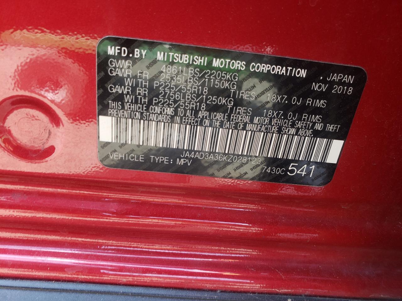 Photo 10 from auction – 2019 MITSUBISHI OUTLANDER with VIN JA4AD3A36KZ028123