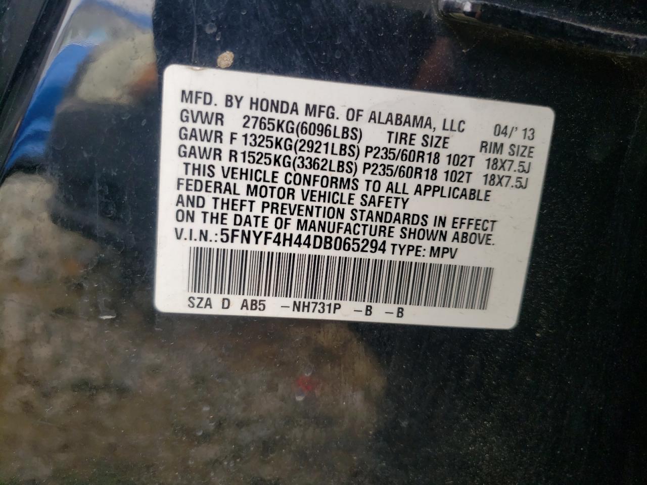 Photo 10 from auction – 2013 HONDA PILOT EX with VIN 5FNYF4H44DB065294