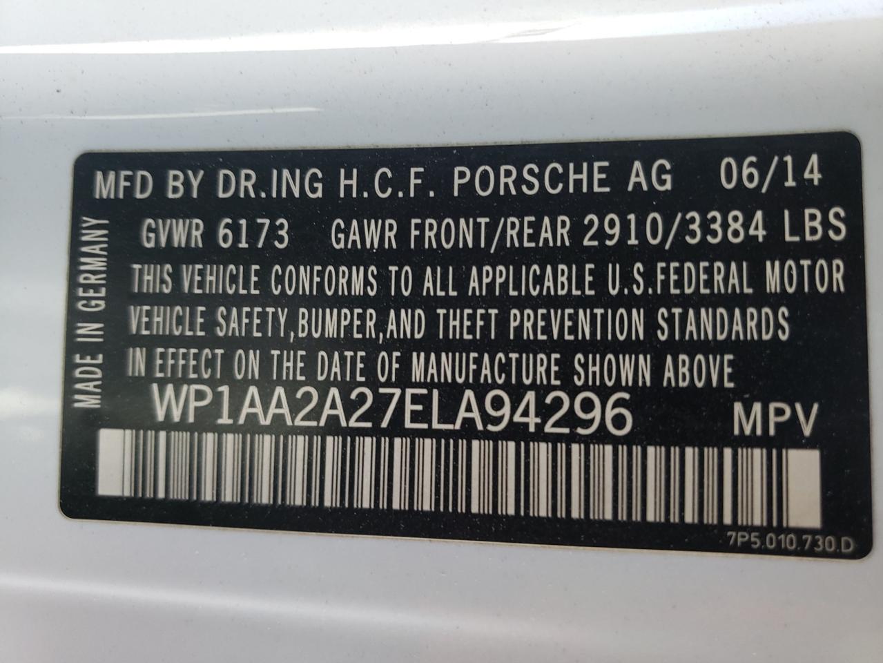 Photo 10 from auction – 2014 PORSCHE CAYENNE with VIN WP1AA2A27ELA94296