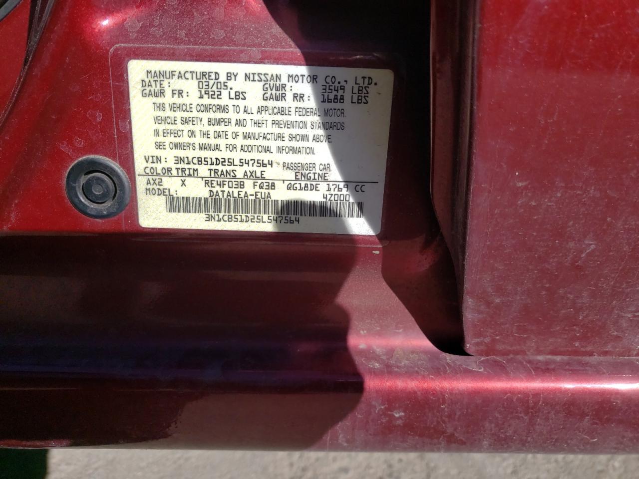 Photo 10 from auction – 2005 NISSAN SENTRA with VIN 3N1CB51D25L547564