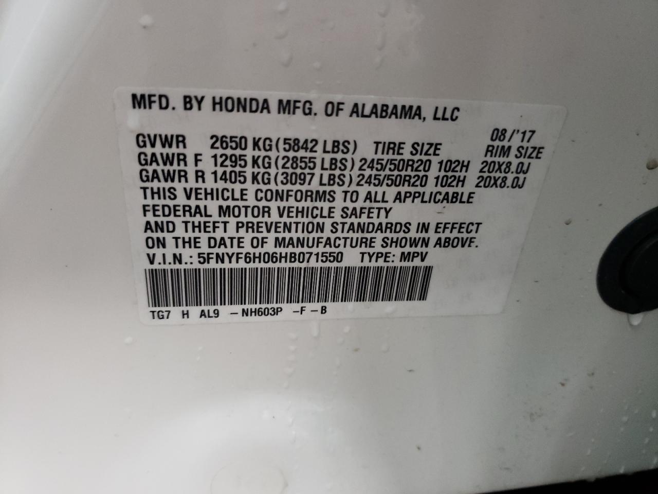 Photo 10 from auction – 2017 HONDA PILOT ELIT with VIN 5FNYF6H06HB071550