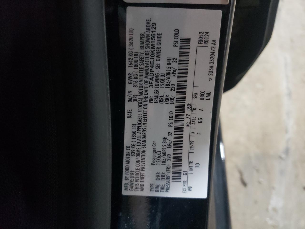 Photo 10 from auction – 2019 FORD FIESTA SE with VIN 3FADP4EJ0KM156129