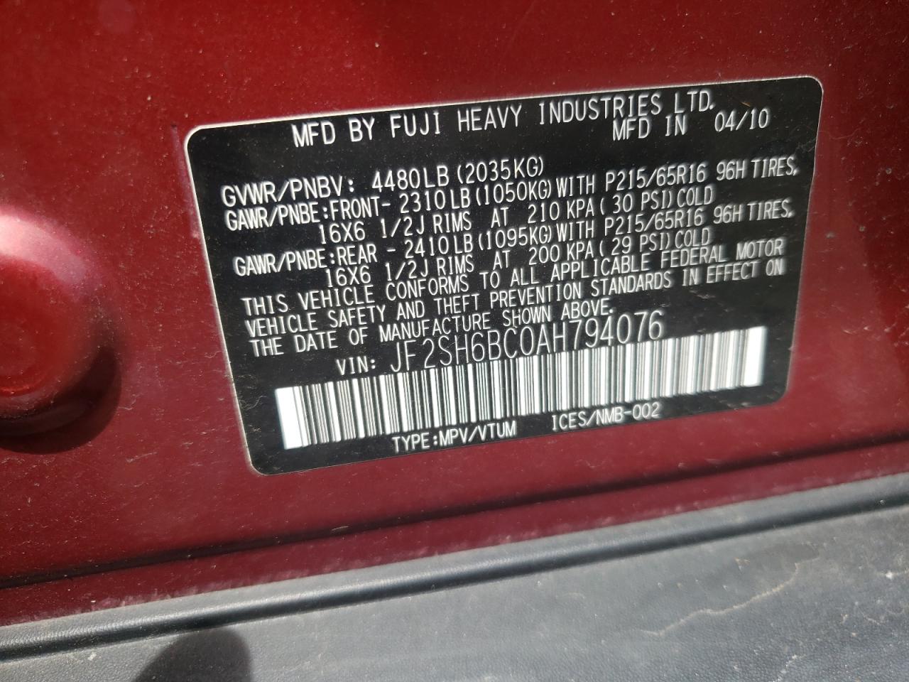 Photo 10 from auction – 2010 SUBARU FORESTER X with VIN JF2SH6BC0AH794076