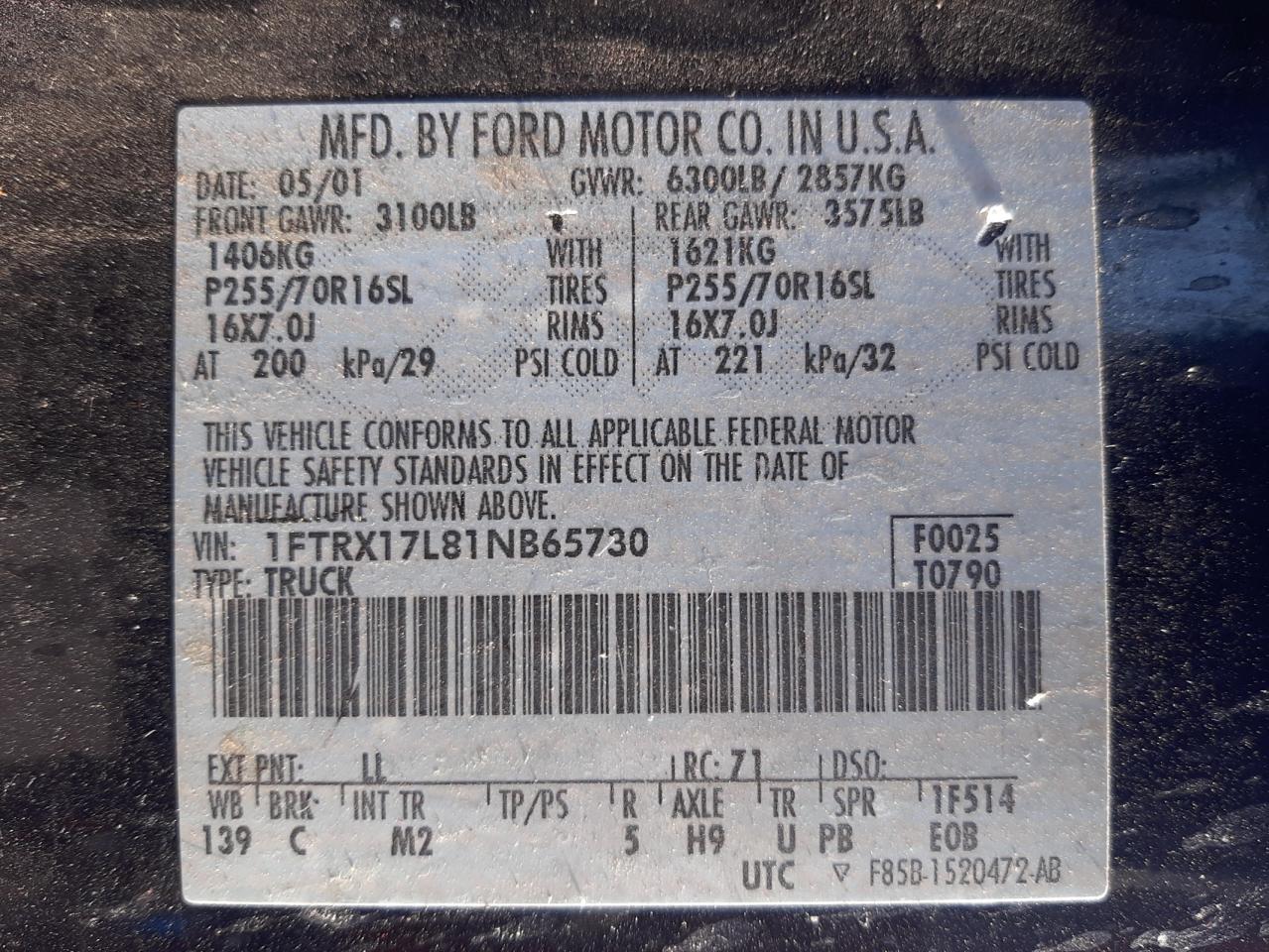 Photo 10 from auction – 2001 FORD F150 with VIN 1FTRX17L81NB65730
