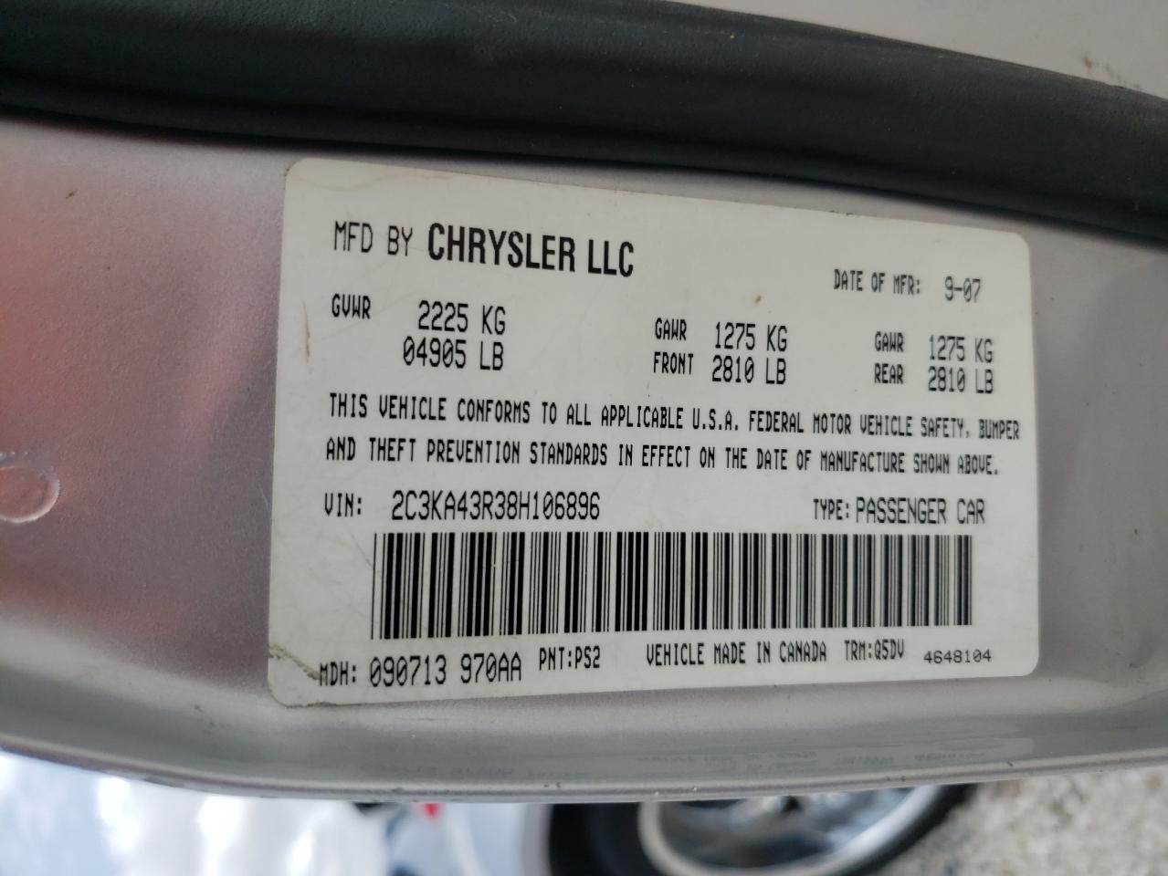 Photo 10 from auction – 2008 CHRYSLER 300 LX with VIN 2C3KA43R38H106896