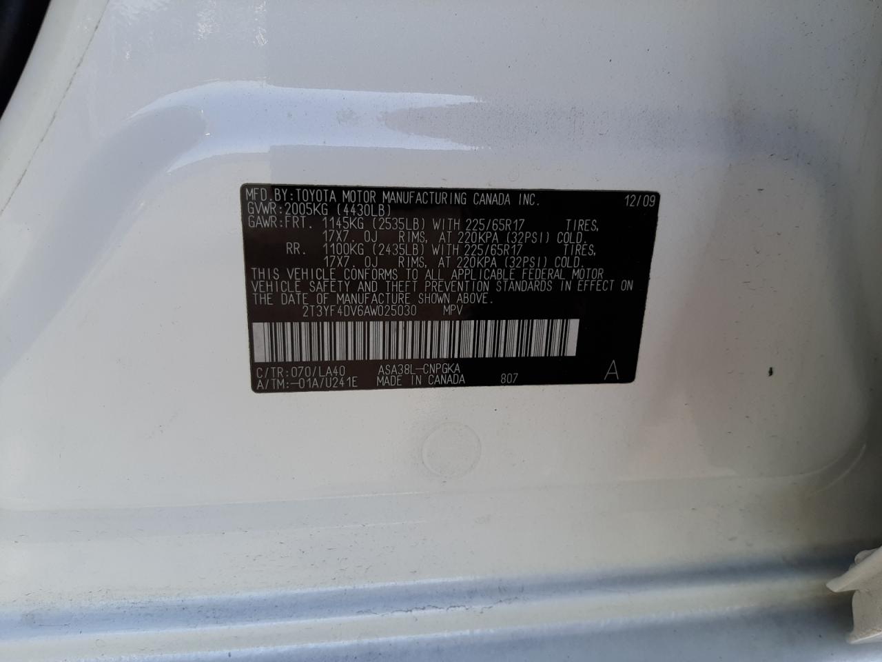 Photo 10 from auction – 2010 TOYOTA RAV4 LIMIT with VIN 2T3YF4DV6AW025030