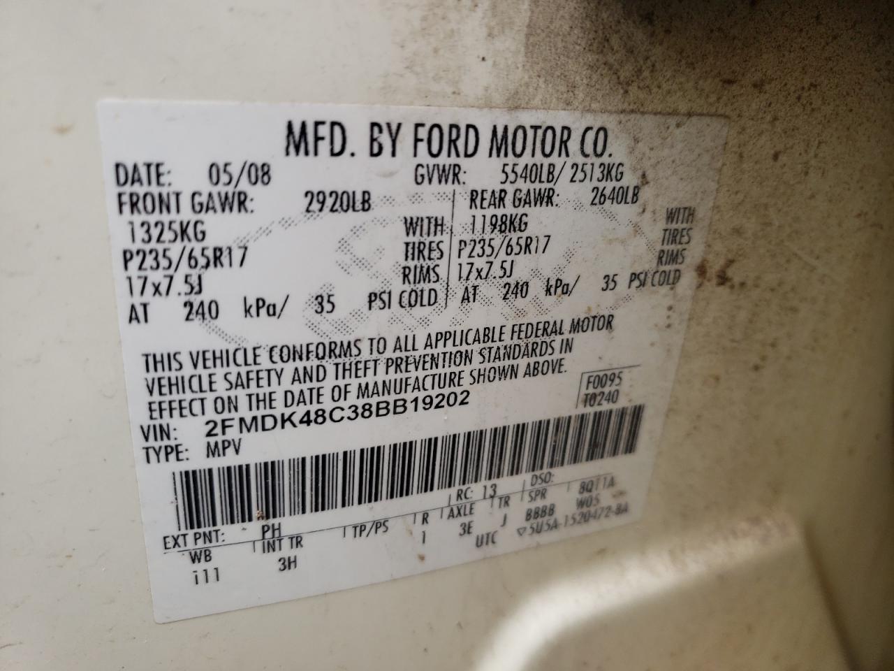 Photo 10 from auction – 2008 FORD EDGE SEL with VIN 2FMDK48C38BB19202