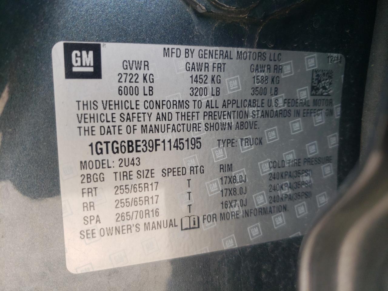 Photo 10 from auction – 2015 GMC CANYON SLE with VIN 1GTG6BE39F1145195