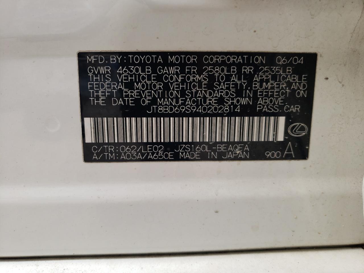 Photo 10 from auction – 2004 LEXUS GS 300 with VIN JT8BD69S940202814