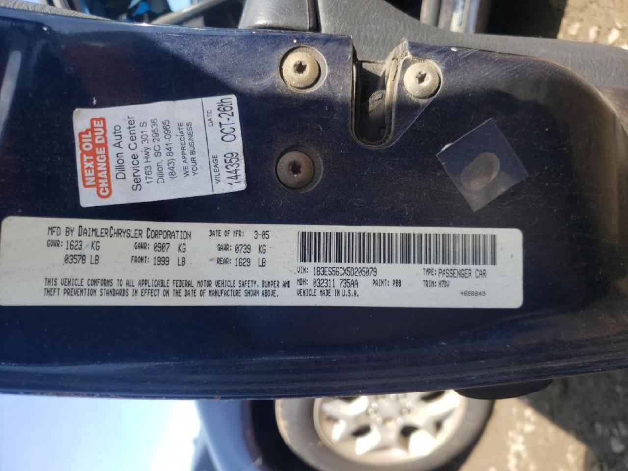 Photo 10 from auction – 2005 DODGE NEON SXT with VIN 1B3ES56CX5D205079