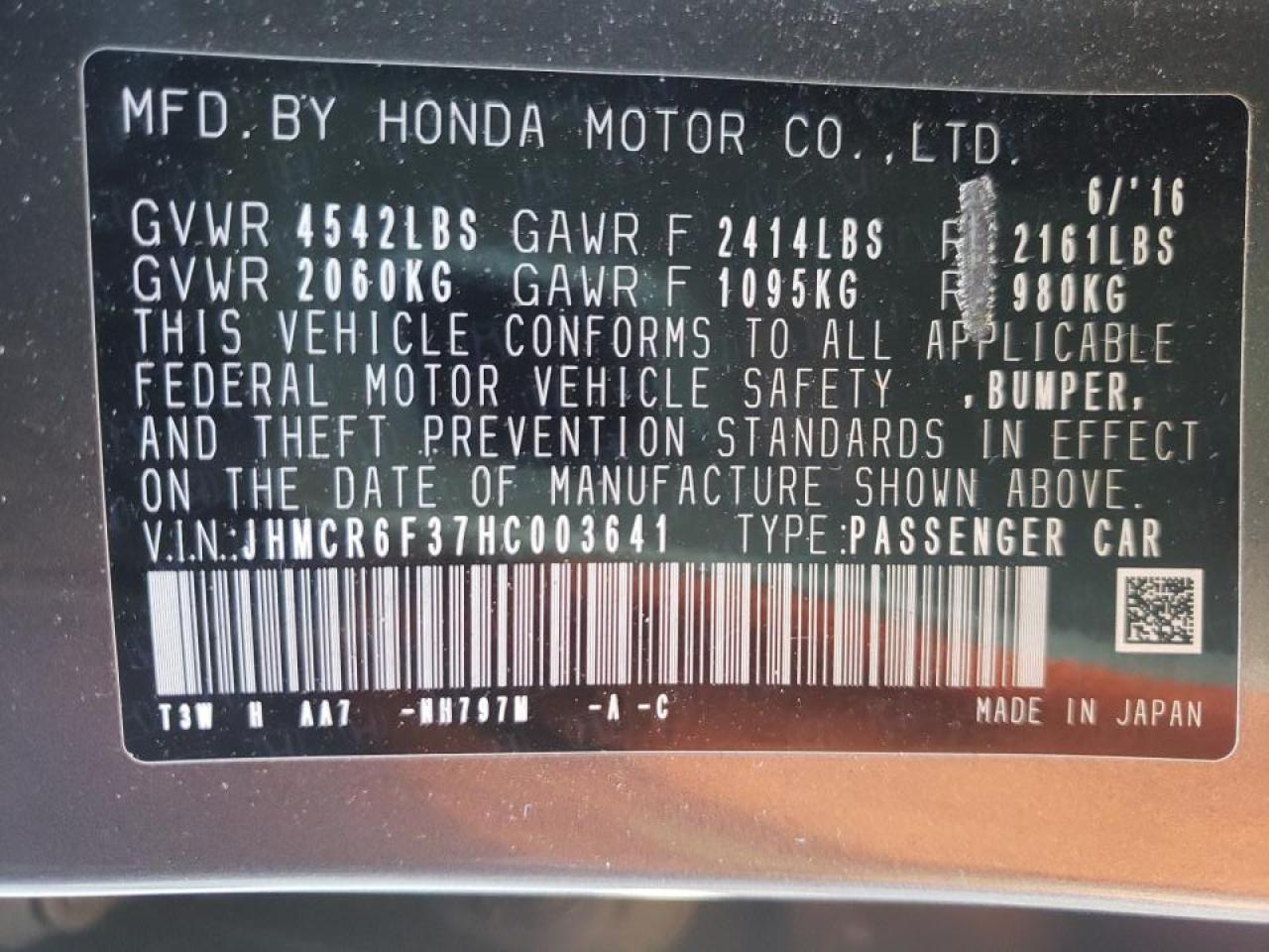 Photo 10 from auction – 2017 HONDA ACCORD HYB with VIN JHMCR6F37HC003641