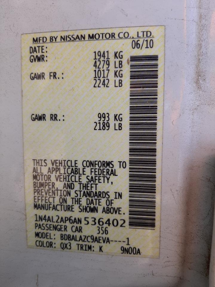 Photo 10 from auction – 2010 NISSAN ALTIMA BAS with VIN 1N4AL2AP6AN536402