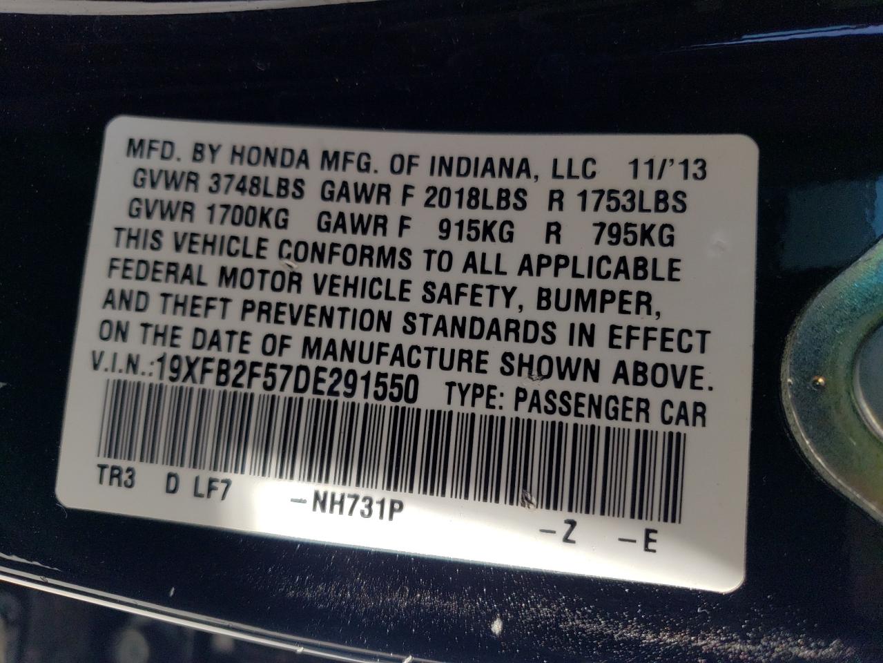 Photo 10 from auction – 2013 HONDA CIVIC LX with VIN 19XFB2F57DE291550