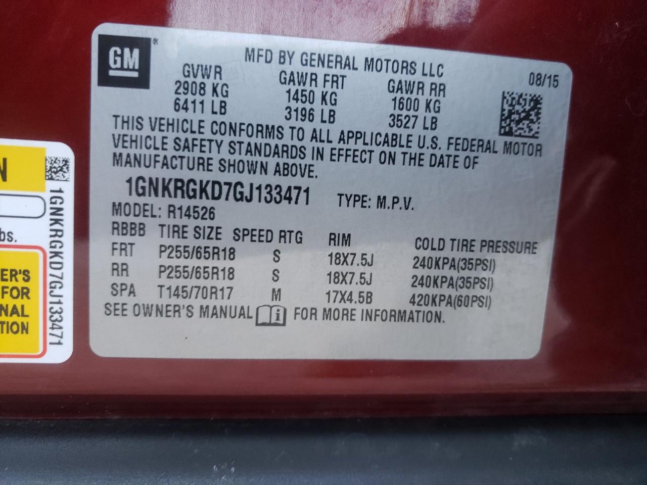 Photo 10 from auction – 2016 CHEVROLET TRAVERSE L with VIN 1GNKRGKD7GJ133471