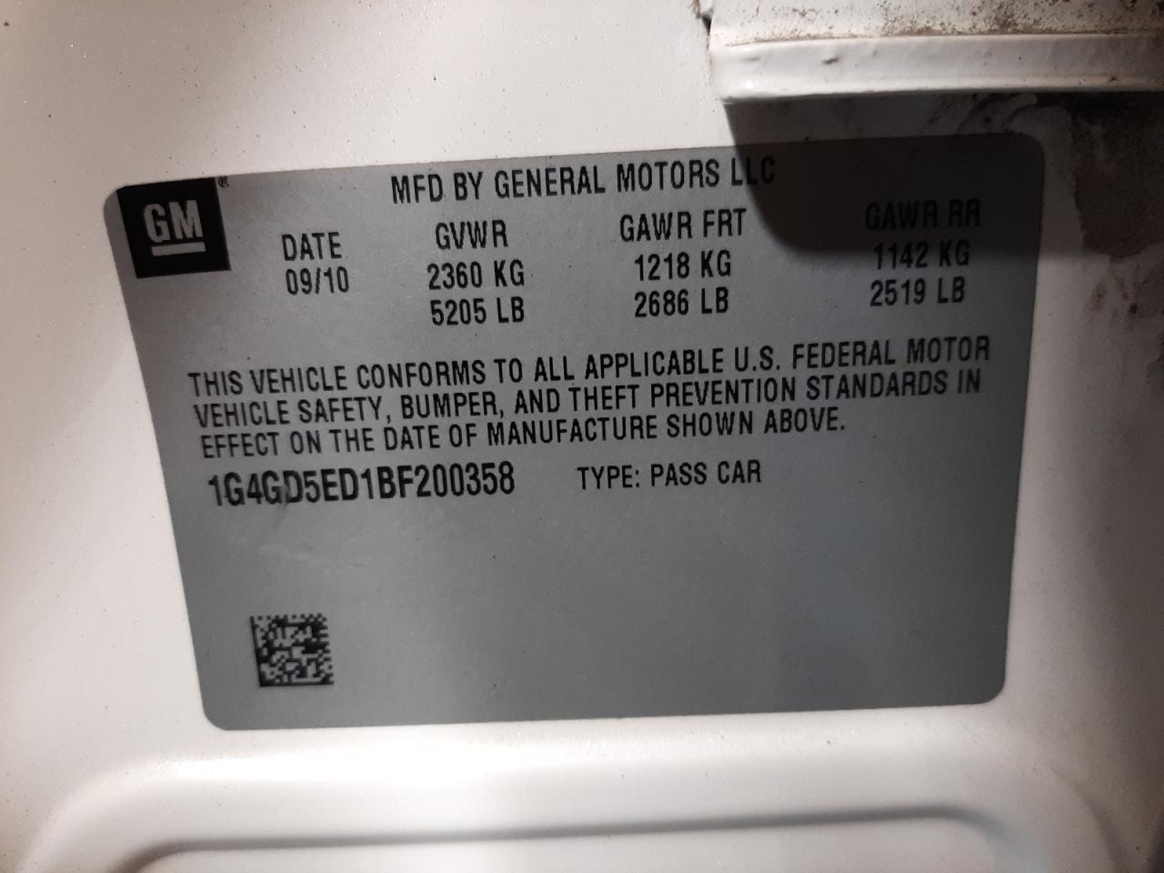 Photo 10 from auction – 2011 BUICK LACROSSE C with VIN 1G4GD5ED1BF200358