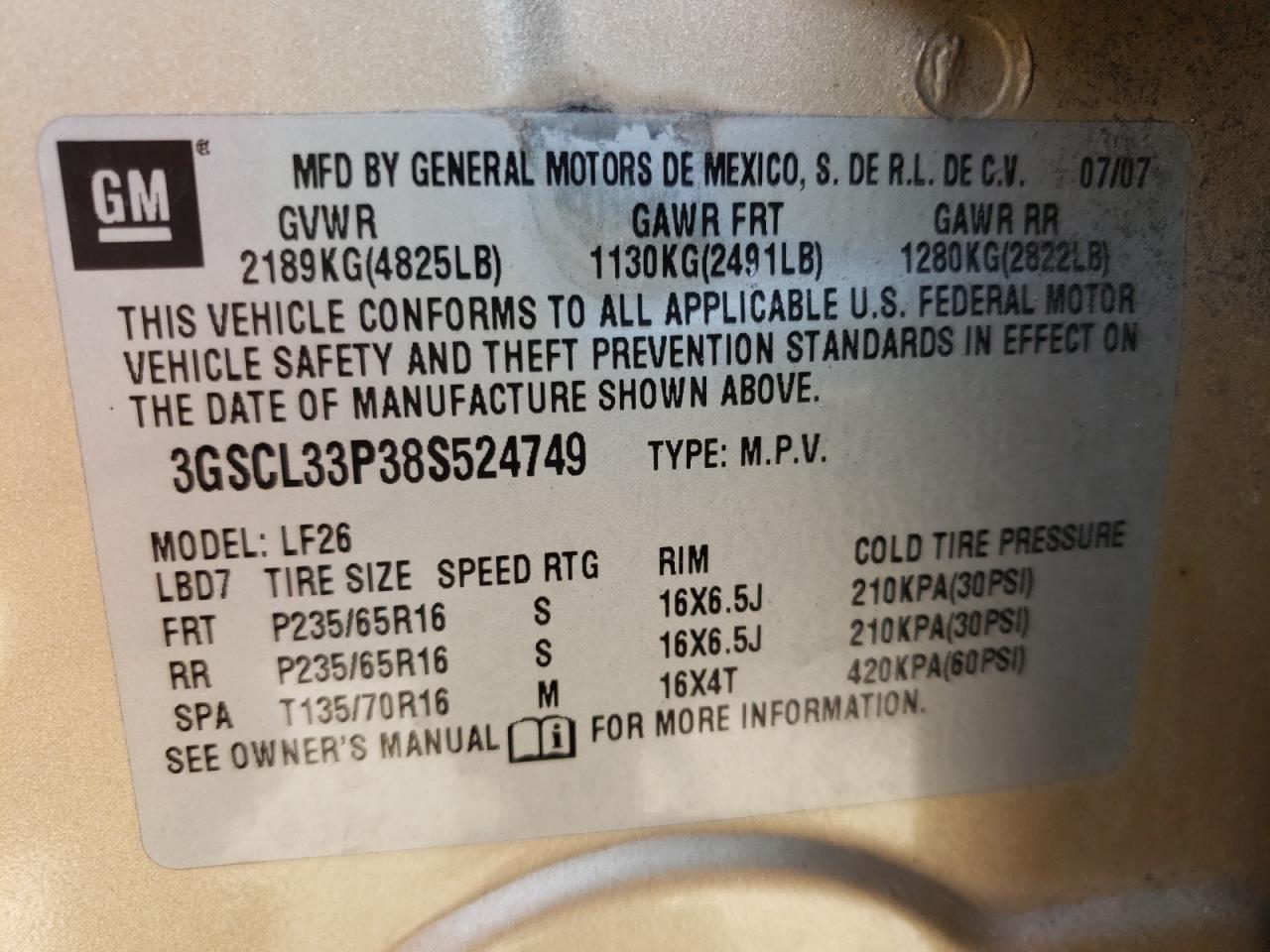 Photo 10 from auction – 2008 SATURN VUE XE with VIN 3GSCL33P38S524749