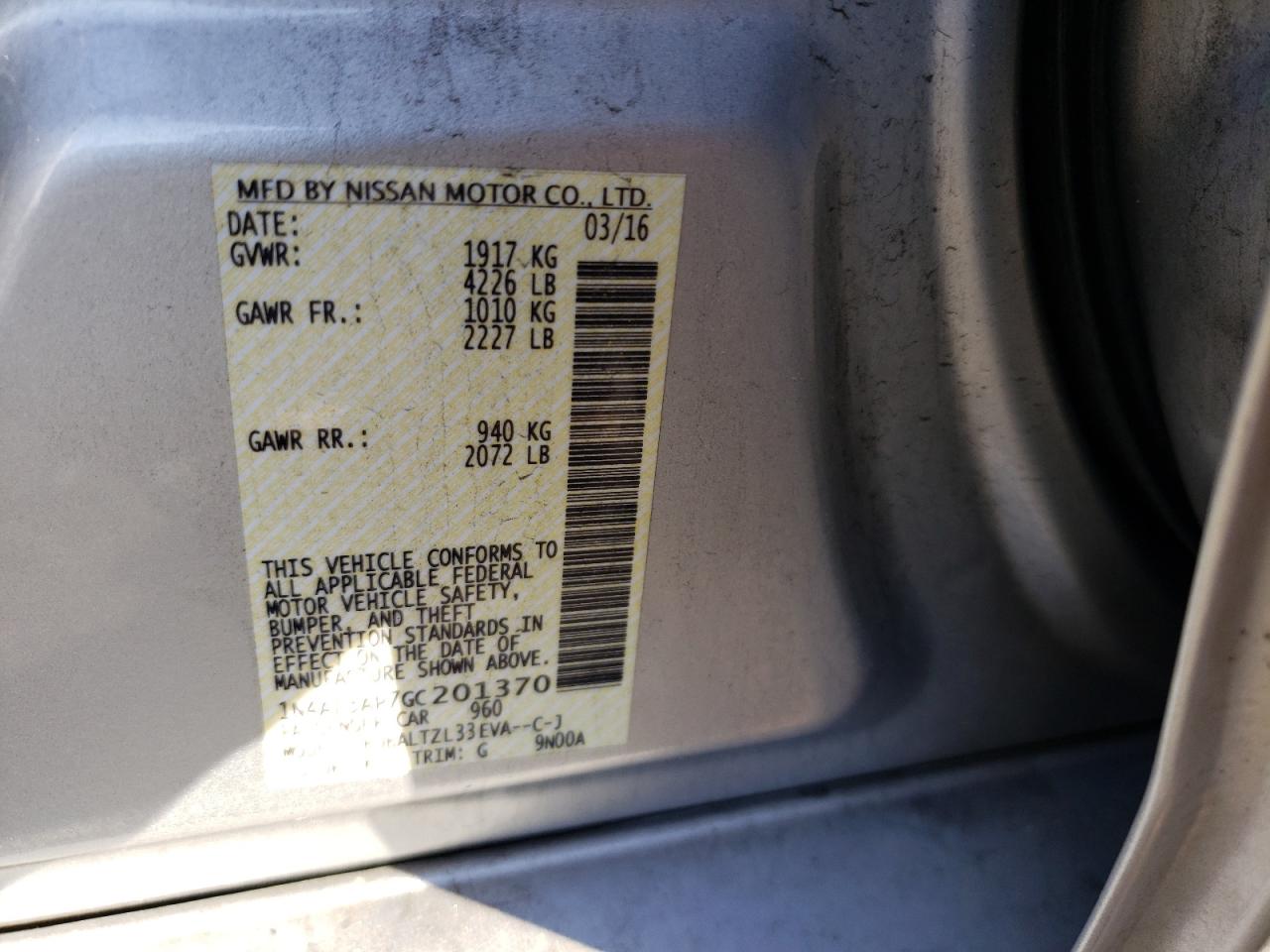 Photo 10 from auction – 2016 NISSAN ALTIMA 2.5 with VIN 1N4AL3AP7GC201370