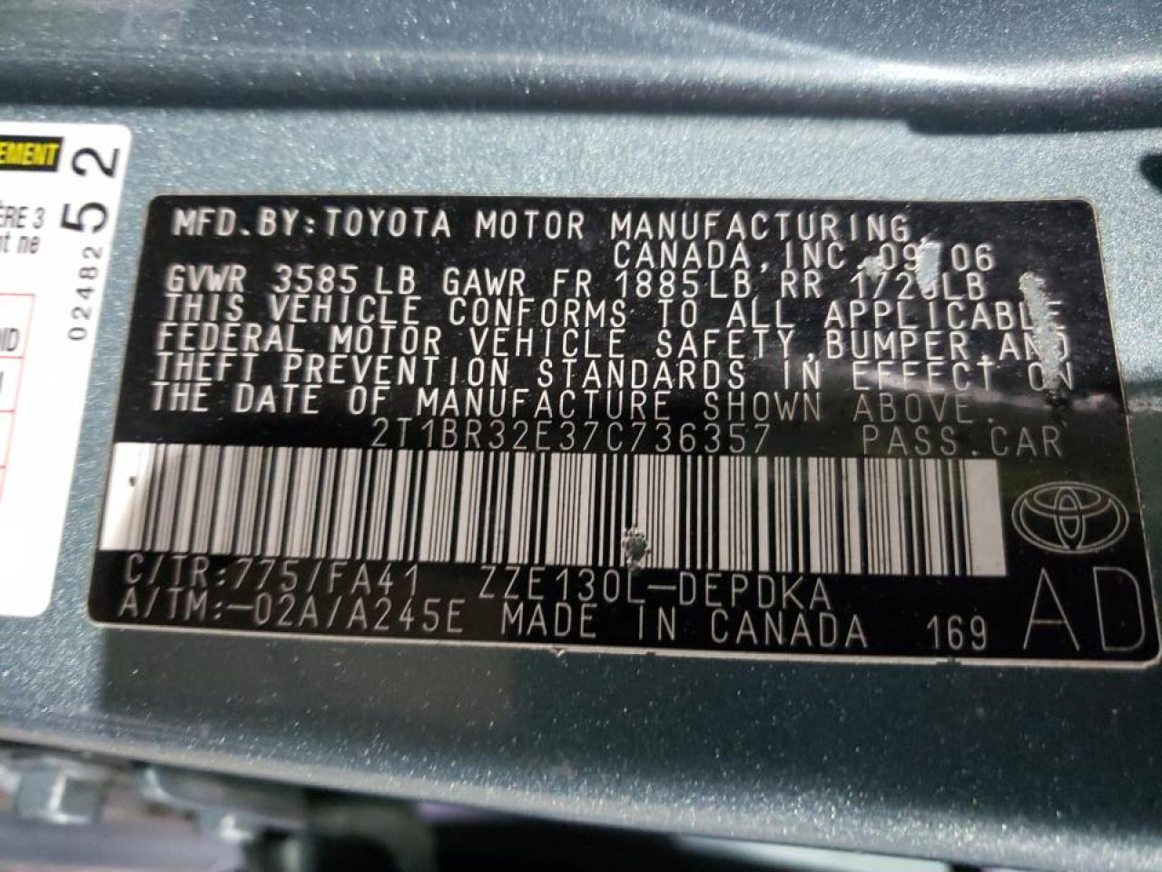 Photo 10 from auction – 2007 TOYOTA COROLLA CE with VIN 2T1BR32E37C736357